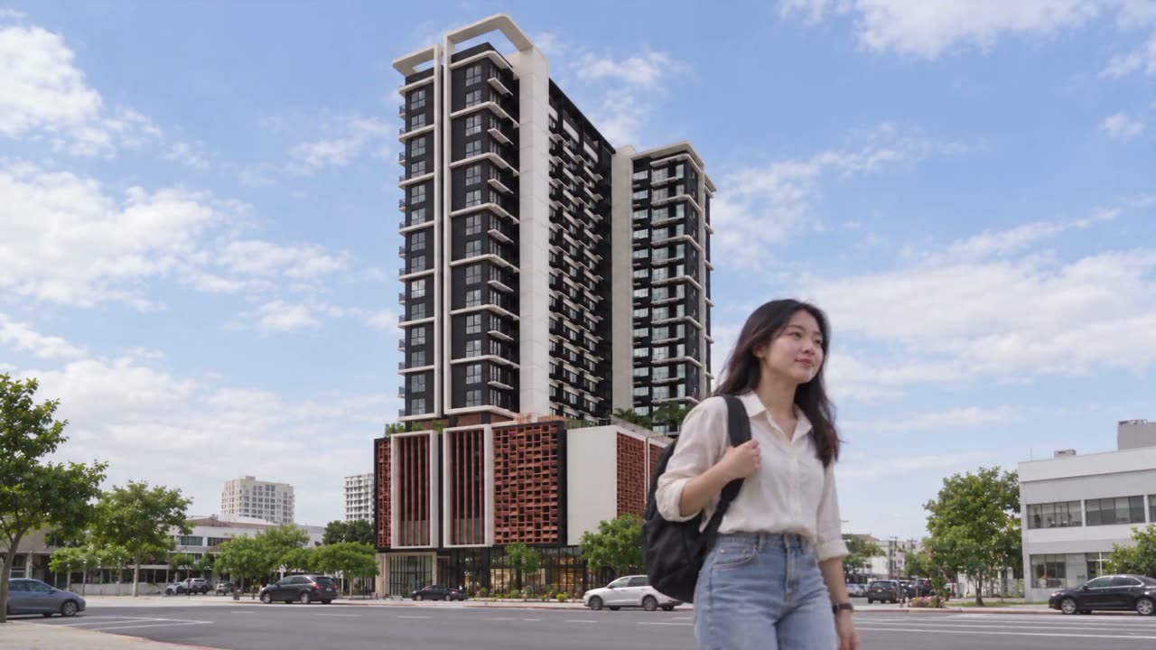 Alto Ranudo tower with a resident walking past, AI-generated lifestyle illustration