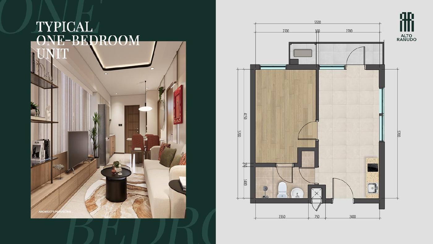 Alto Ranudo One-Bedroom living room architectural perspective beside the dimensioned layout