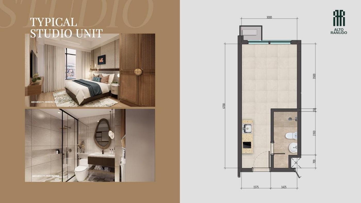 Alto Ranudo Studio interior architectural perspectives beside the dimensioned layout